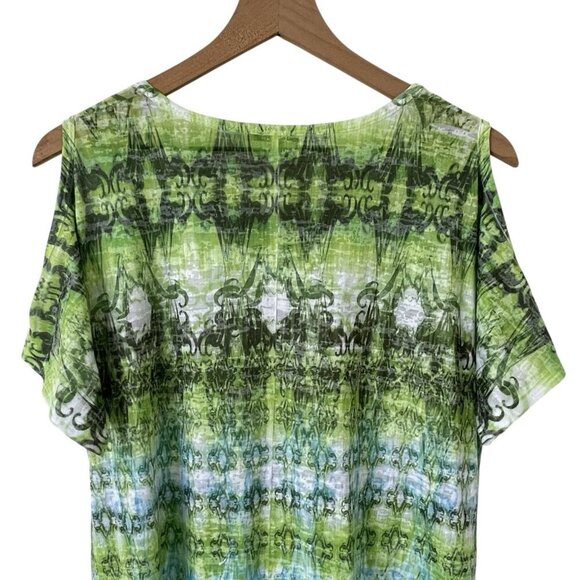 Jess & Jane Womens Tie Dye Tunic Top L Artsy Rhinestone Shark Bite Green Blouse - Picture 7 of 13